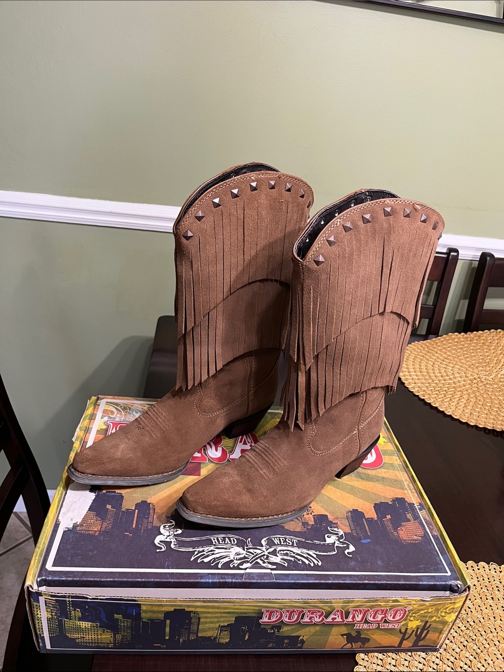 Durango Tan Suede Fringe Cowboy Boots with Stud Accents